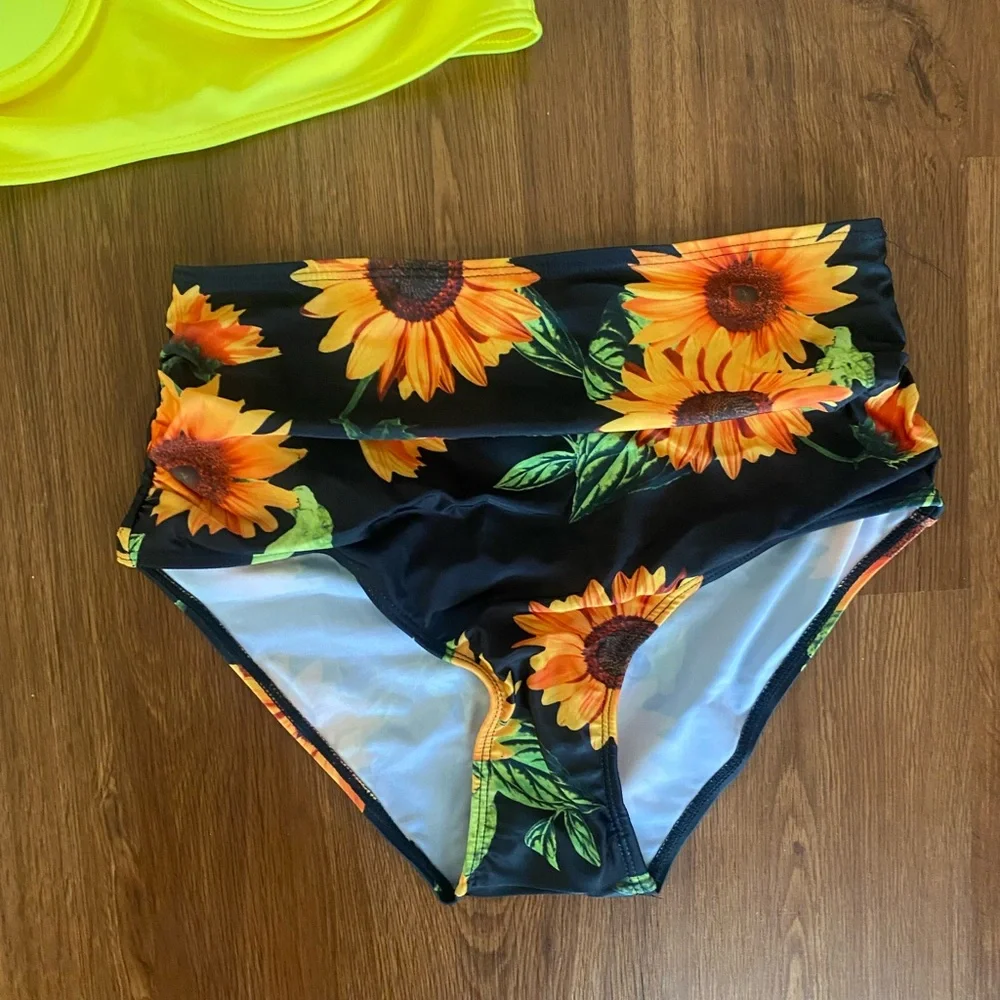 Sunflower Bikini Swimsuit Size Small black yellow bustier padded full high waist